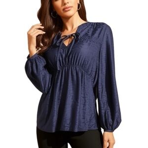 NWT MASON & BELLE Boutique Top Navy Lace Blouse Long Sleeve Cinched Waist Sz L